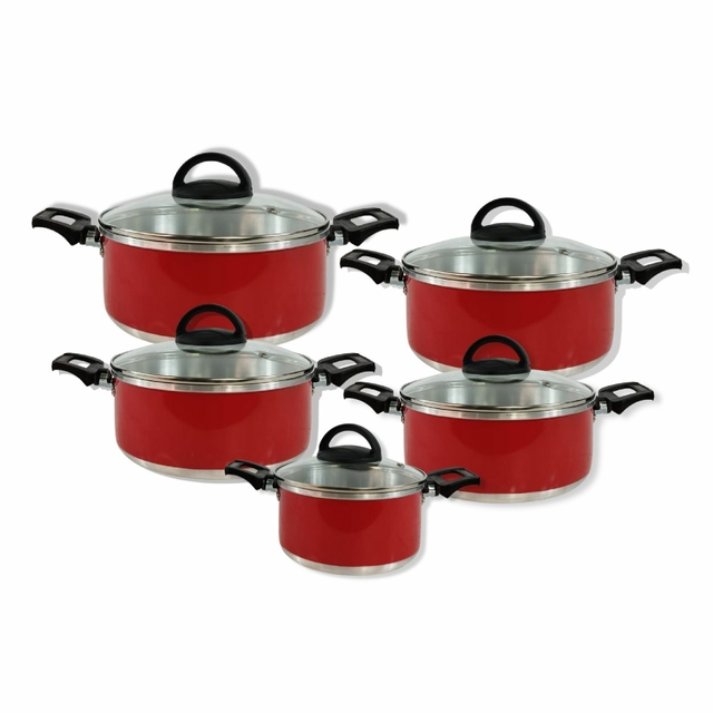 Conjunto 5 Panelas Alumínio Tampa Vidro Linha Cozinha Chicky Cor Vermelho  (Caçarolas Luxo, Panela Nova na Sua Cozinha)