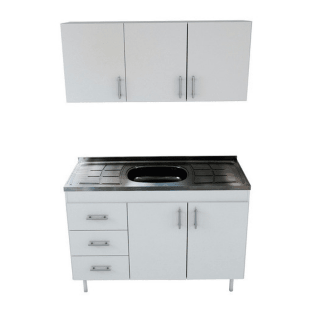 Combo De Cocina 1.20 Mts Blanco, Bajo Mesada, Mesada Acero Inoxidable (6994)