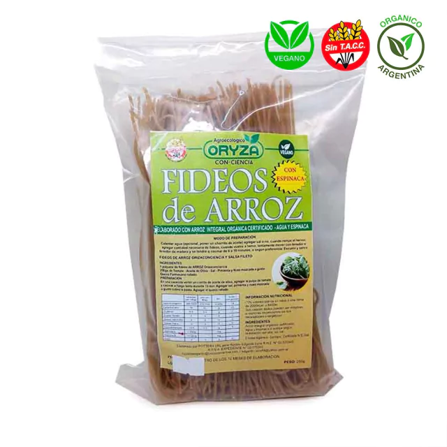 Spaghetti de Arroz Integral con Espinaca Orgánico SIN SAL Oryza 250gr