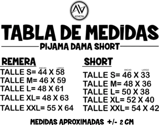 Tabla De Medida Pijama Dama Short Athena Sublimacion 0736