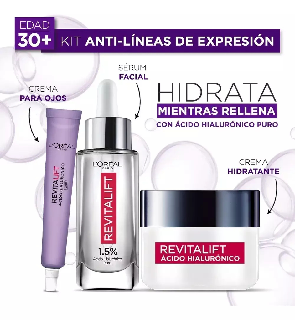 Kit Ácido Hialurónico Serum Facial Crema De Día Y De Ojos Revitalift