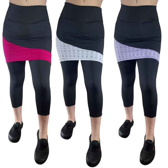 Kit 3 Calça Legging Corsário Capri Saia Tapa Bumbum Academia Moda