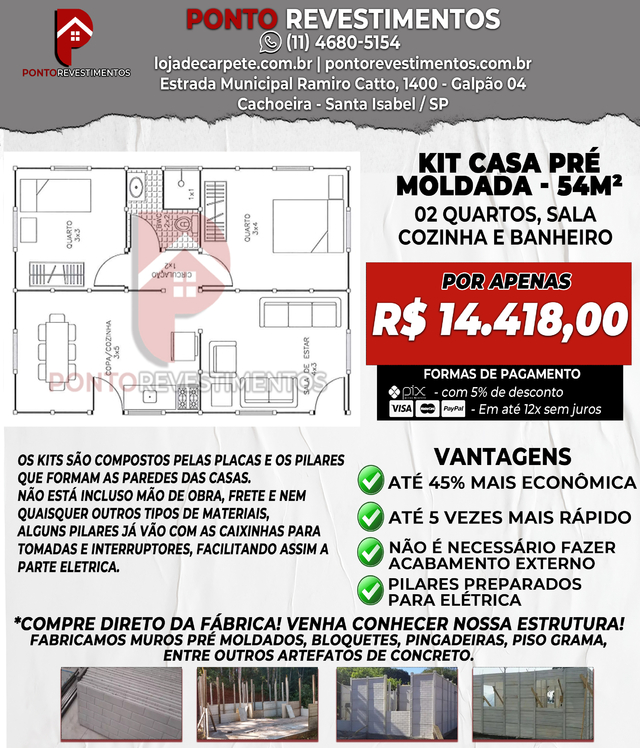 Casa pré fabricada de 48 m2- modelo estrutural ( sem acabamentos