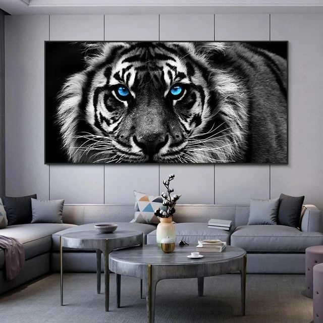 Quadros 3d Grande Tela Tigre Pintura Azul Sala 90x60