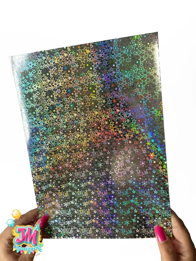 Papel Lamicote Holográfico Estrelas Prateadas g A Laminado JM E