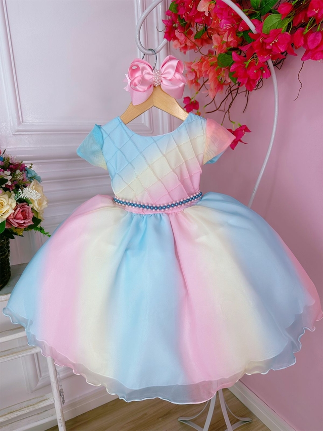 Vestido Infantil Barbie Azul Marinho Neon C/ Broche de Laço