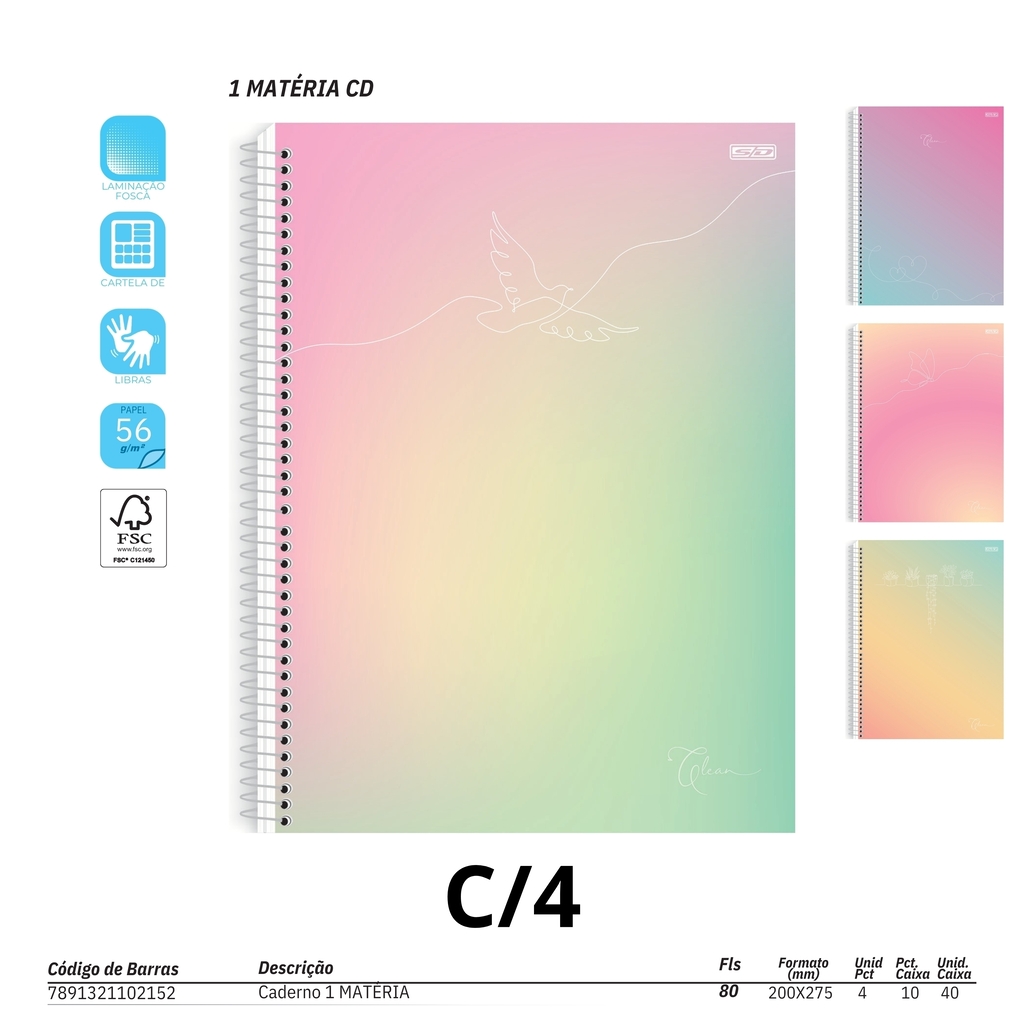 CADERNO 1 MATÉRIA CLEAN 80F C 4 CAPA DURA SÃO DOMINGOS