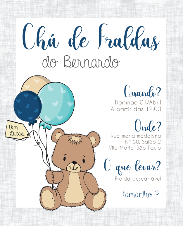 Convite Chá Bebê/ Fraldas - Modelo Bernardo e Lucas - Cha de Bebê/ Fraldas