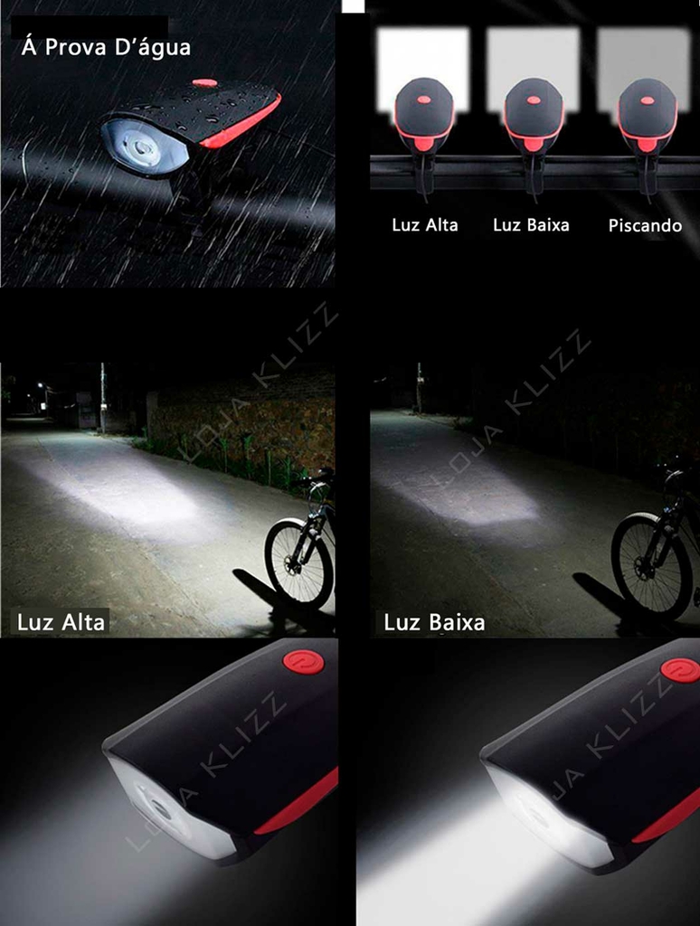 Farol Lanterna Bike Recarregável USB Buzina Led Sinalizador