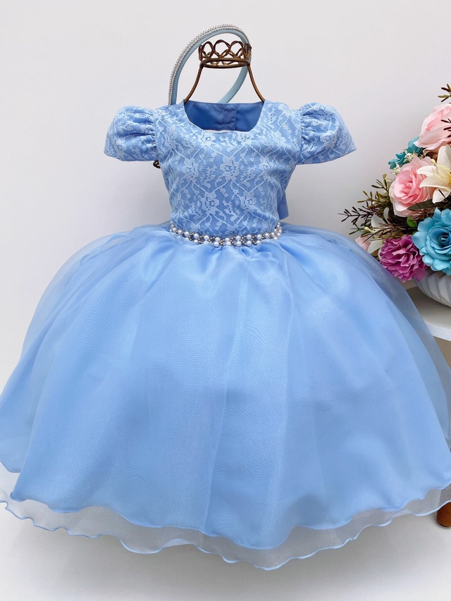 Vestido Festa Infantil Da Cinderela Azul Com Detalhes Amarelo