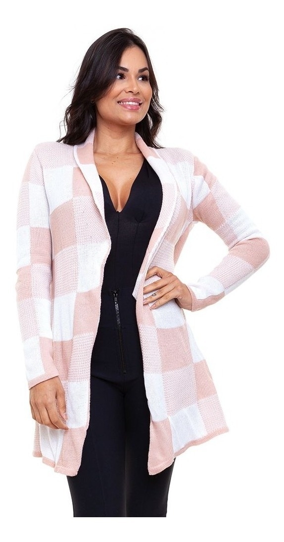 Casaco Kimono Pink Tricot Xadrez Preto/Branco - Compre Agora