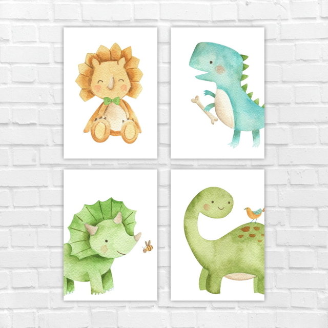 Kit com 3 Quadros Decorativo Dinossauros Baby Aquarela