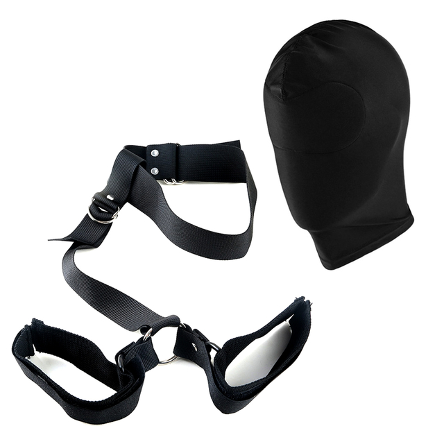 Kit Algema Mãos Pescoço Máscara Capuz Fechada Nylon Preto Unissex Bondage Prático Seguro 3493