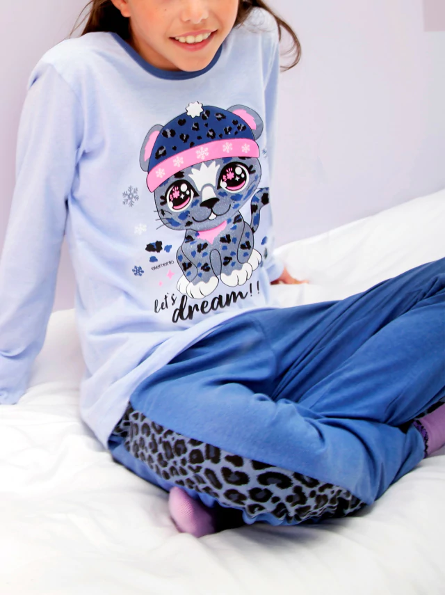 Pijama Elemento Art. 2381 Nena interlock con recorte "cats print" T. 6 al 16 - Invierno