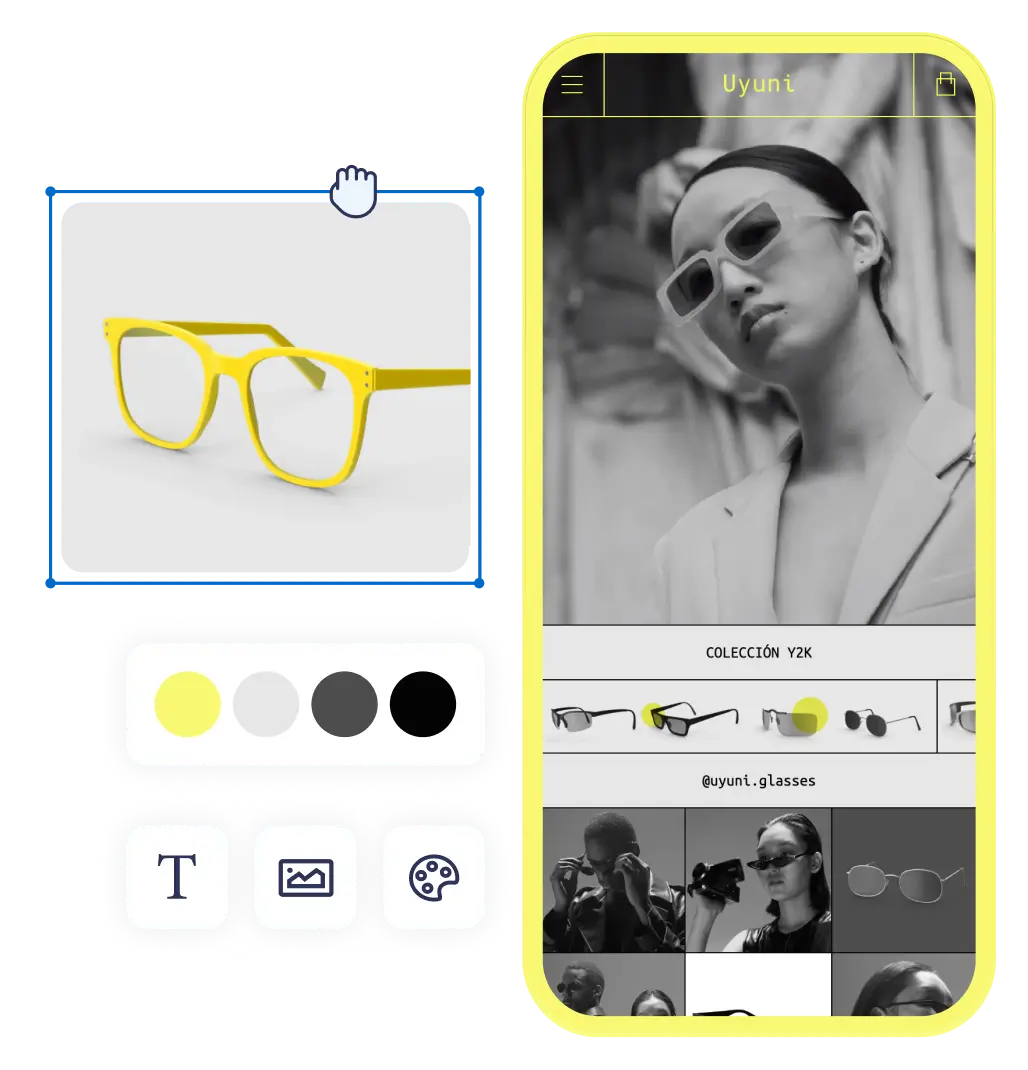 Celular mostrando una tienda virtual de gafas, con íconos de herramientas que ilustran la personalización. Destaque en colores amarillo y tonos de gris.