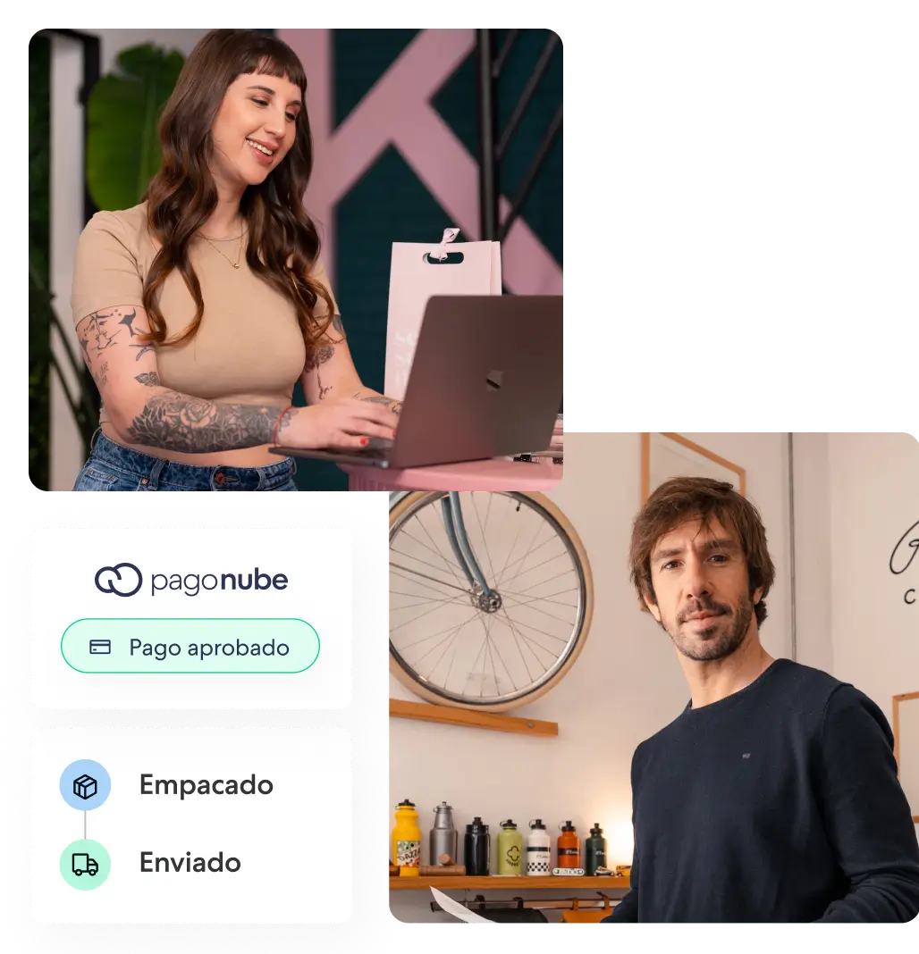 Imágenes de emprendedores de la tienda virtual, con un ejemplo de seguimiento de pedido al lado.