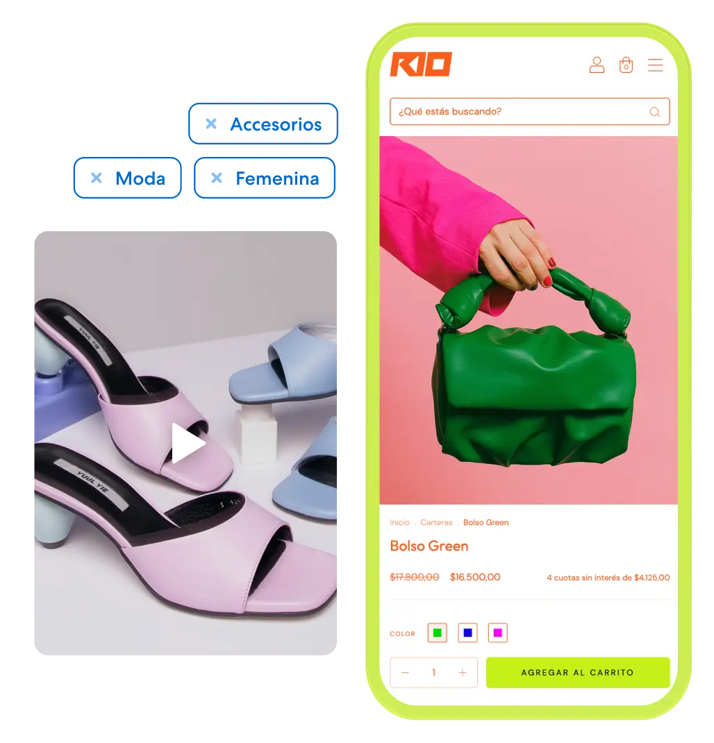 Pantalla de celular mostrando una tienda virtual con el tema "Rio", uno de los temas disponibles en Tiendanube, con ejemplos de filtros y un video de la tienda al lado.