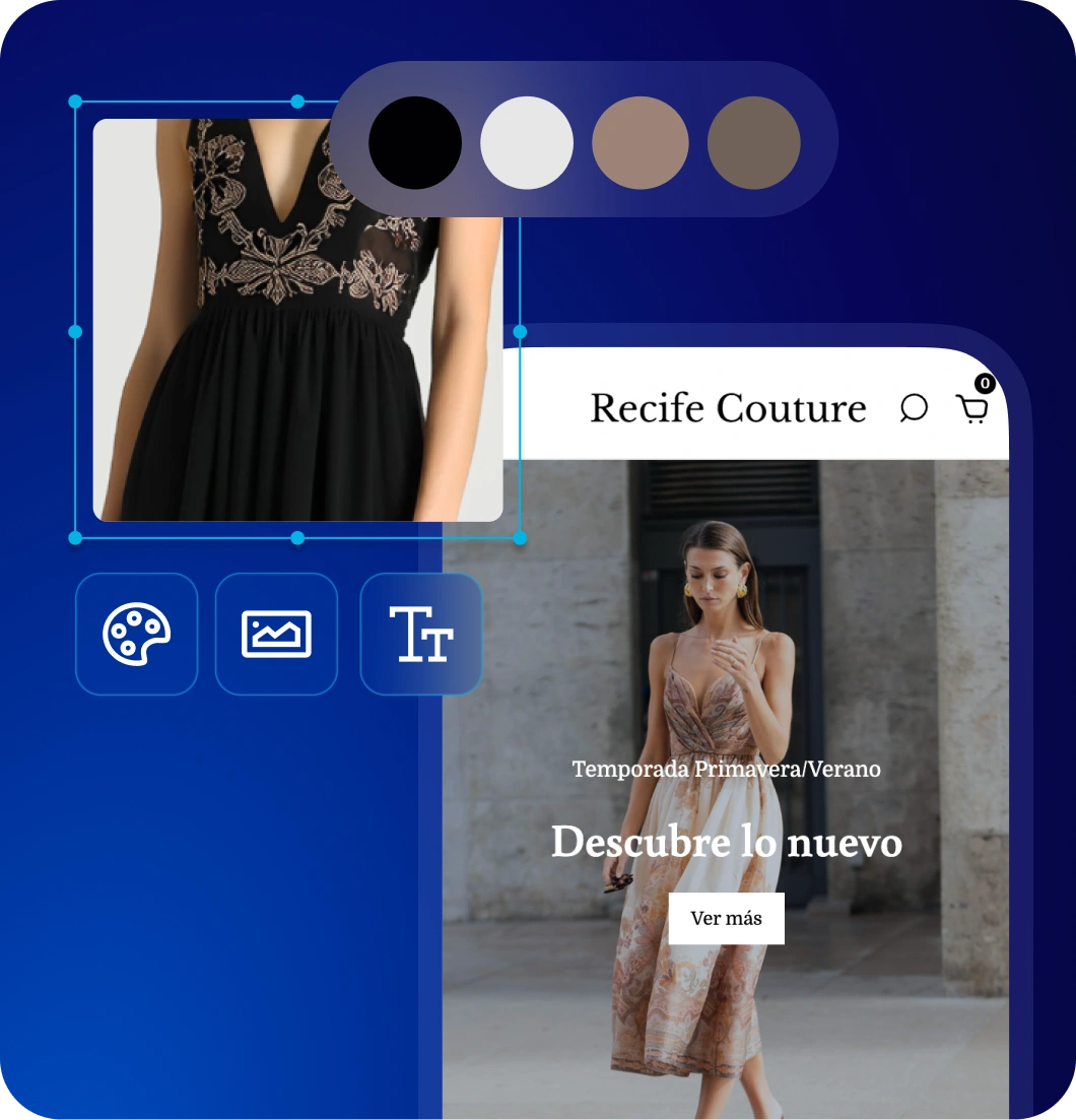 Celular mostrando una tienda virtual de gafas, con íconos de herramientas que ilustran la personalización. Destaque en colores amarillo y tonos de gris.