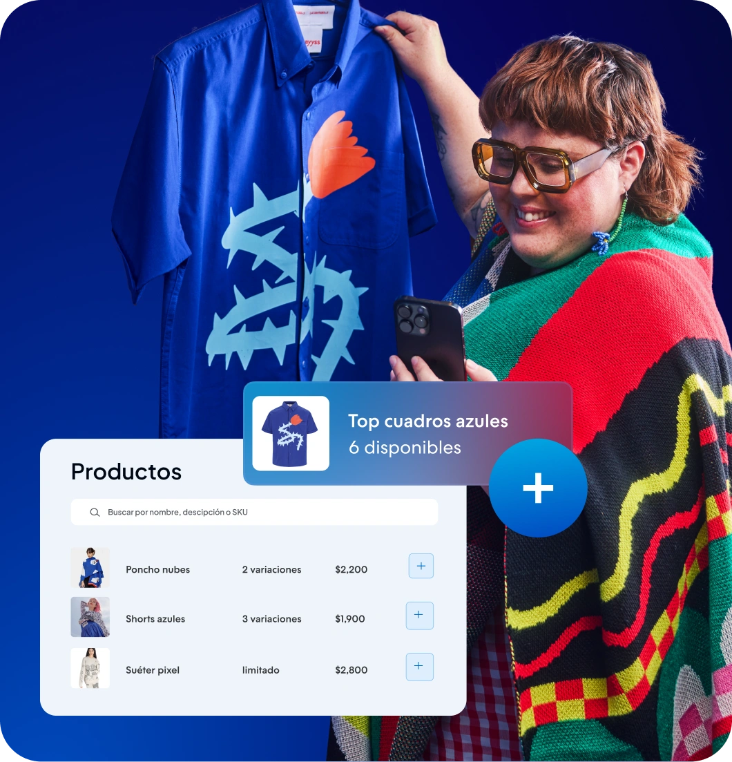 Pantalla de celular mostrando una tienda virtual con el tema "Rio", uno de los temas disponibles en Tiendanube, con ejemplos de filtros y un video de la tienda al lado.