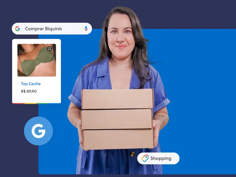 Empreendedora segurando caixas com seus produtos. Ao lado dela, há um exemplo de anúncio do produto, top Cecília na cor verde, no Google Shopping