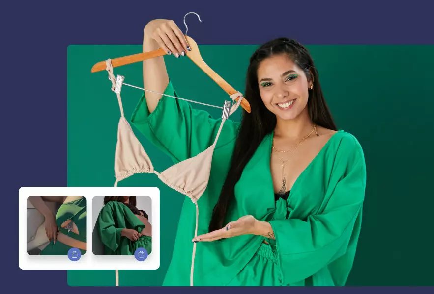 Foto de uma empreendedora divulgando sua loja de roupas com destaque para as peças verdes