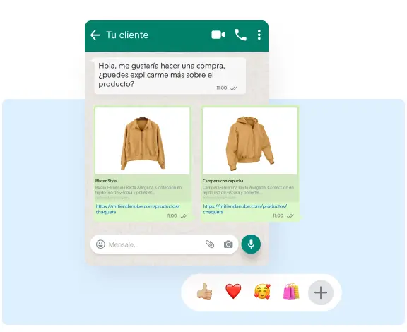 Ejemplo de compartición de productos por WhatsApp, mostrando una chaqueta amarilla"