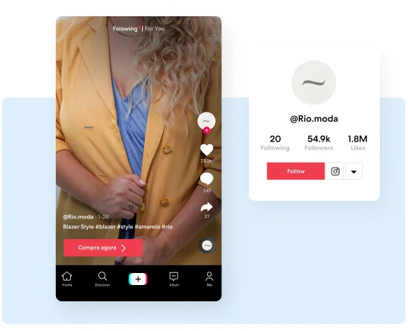 Empreendedora com seus produtos e um exemplo de uma publicação no TikTok com a foto de um cachecol
