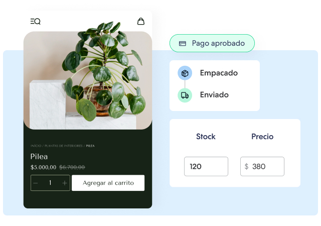 Ejemplo de anuncio de producto en tienda online con estado del pedido, información de stock y precio