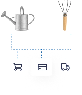 Dos productos de ejemplo conectados con íconos relacionados con operaciones de compra y logística