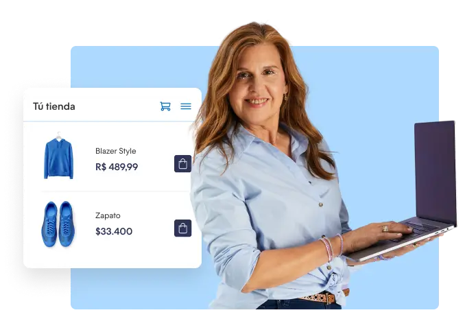 Empreendedora com o celular na mão, exibindo uma listagem de produtos