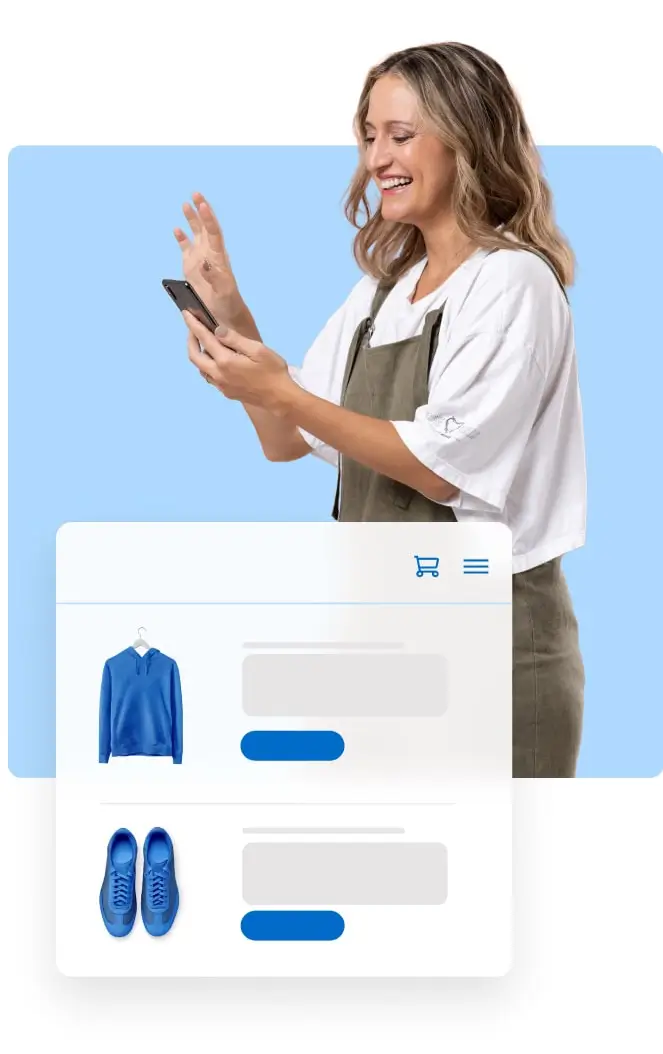 Empreendedora con un celular en la mano y ejemplo de una tienda online.
