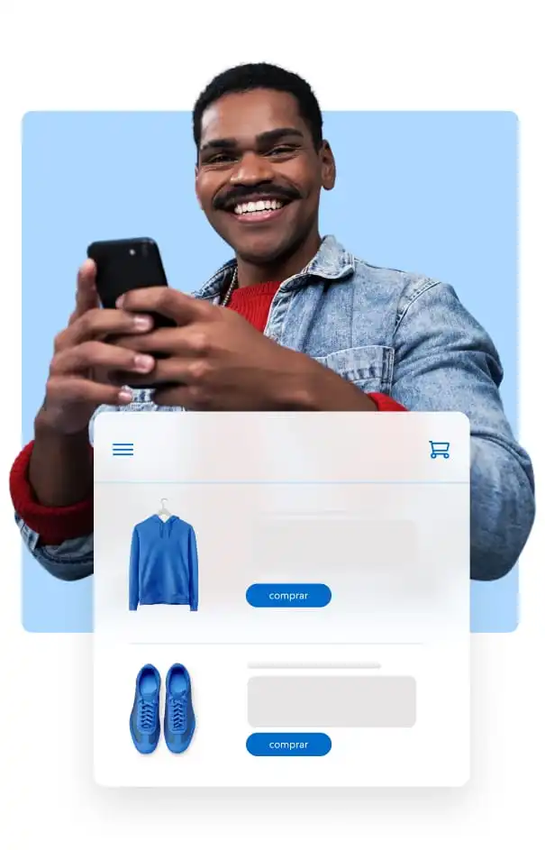 Empreendedora segurando celular e screenshot de uma loja mobile