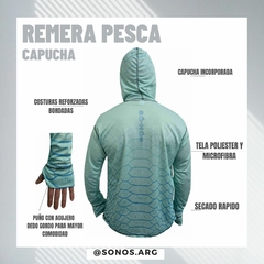 Remera Pesca Só-nós Upf+uv Proteccion Con Capucha Y Puño escamas turquesa - Sonos