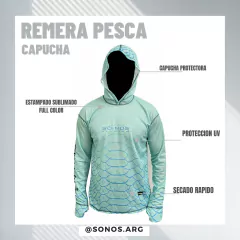 Remera Pesca Só-nós Upf+uv Proteccion Con Capucha Y Puño escamas turquesa - tienda online