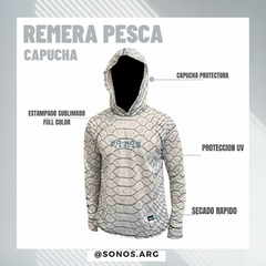 Remera Pesca Só-nós Upf+uv Proteccion Con Capucha Y Puño escamas blanca - Sonos