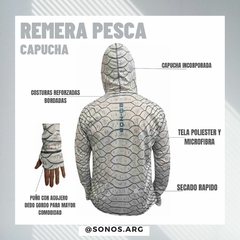 Remera Pesca Só-nós Upf+uv Proteccion Con Capucha Y Puño escamas blanca - tienda online