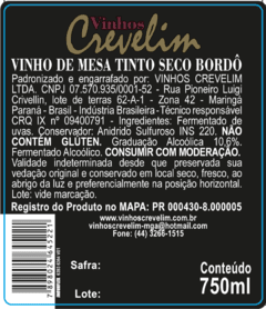 Vinho de Mesa Tinto Crevelim Seco Bordô Excellence 750ml - comprar online