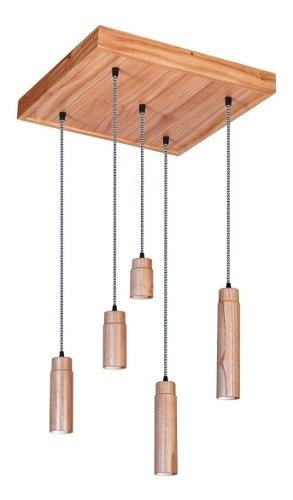 Colgante 5 Luces De Madera Con Base Cuadrada Led Incluido Cx