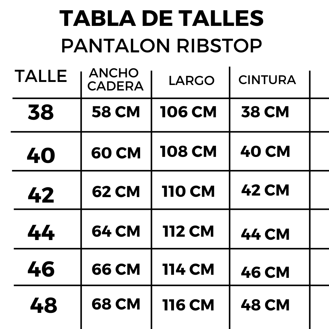 Tabla de talles pantalon ribstop