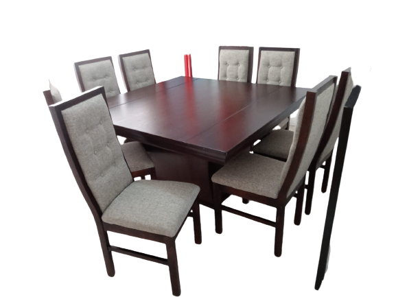 comedor maslow de madera con cristal para 8 personas cuadrado mesa, sillas  de tela con banca