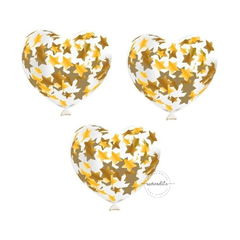 SET DE 6 GLOBOS CORAZON CRISTAL CON CONFETTI ESTRELLAS GRANDES DORADAS - comprar online