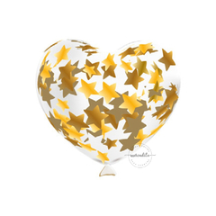 SET DE 6 GLOBOS CORAZON CRISTAL CON CONFETTI ESTRELLAS GRANDES DORADAS