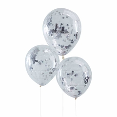 SET DE 5 GLOBOS CRISTAL CON CONFETTI COLOR PLATA