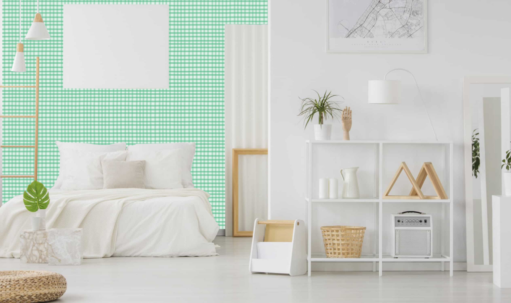 Papel de Parede Xadrez Verde com Detalhes em Lilás para Decoração