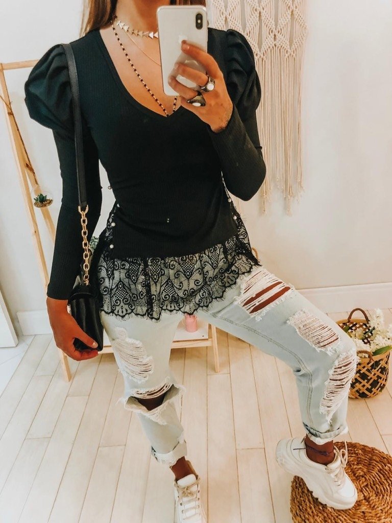 Blusa Manga Bufante Renda Preta | Sangue Latino