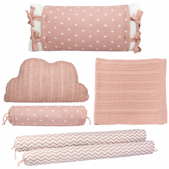Kit Berço em tricot rosê branco tema chevron e poá com almofada nuvem - LOJA VIRTUAL DA CASA ENXOVAIS DE LUXO