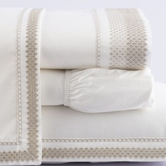 Jogo de lençol queen com bordado no percal 400 fios 100% algodão - Palha com bordado cáqui dourado - comprar online