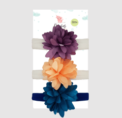 Kit com 3 Faixas para Recém Nascida Flor Cetim Lilás, Laranja e Azul