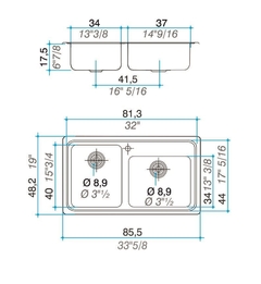 Bacha Pileta Doble 85,8 x 48,2 x 17,5 Acero Inoxidable 304 Johnson Quadra Q085 A - comprar online