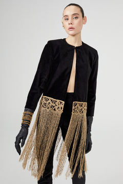 Saco Aguaribay Terciopelo con Aplique Puntilla y Flecos Hilo Macramé Antiguo - comprar online